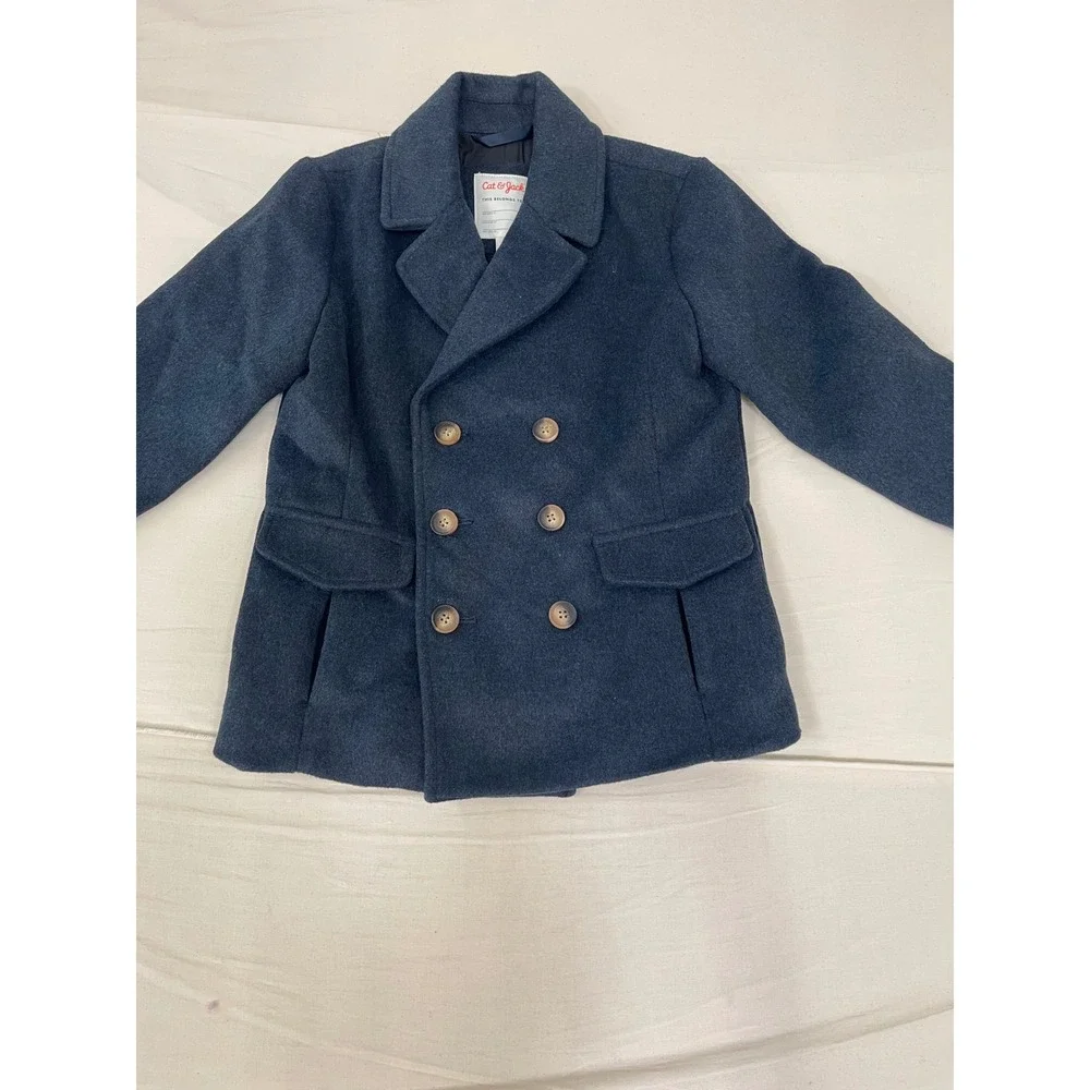 Cat & Jack Boys Navy Blue Double Breasted Pea Coat Jacket Size Medium 8-10
